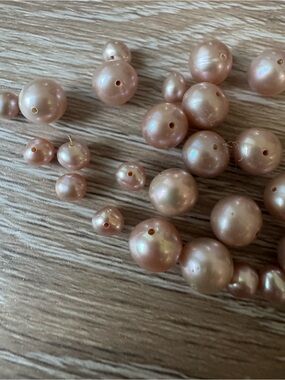 Pink iridescent pearls with holes drilled ready for jewelry making